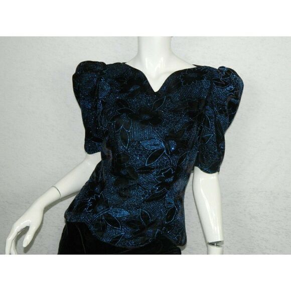 Jessica McClintock Dress Vintage Black Velvet Blue Sparkles Open Back Size 8 - Picture 6 of 13